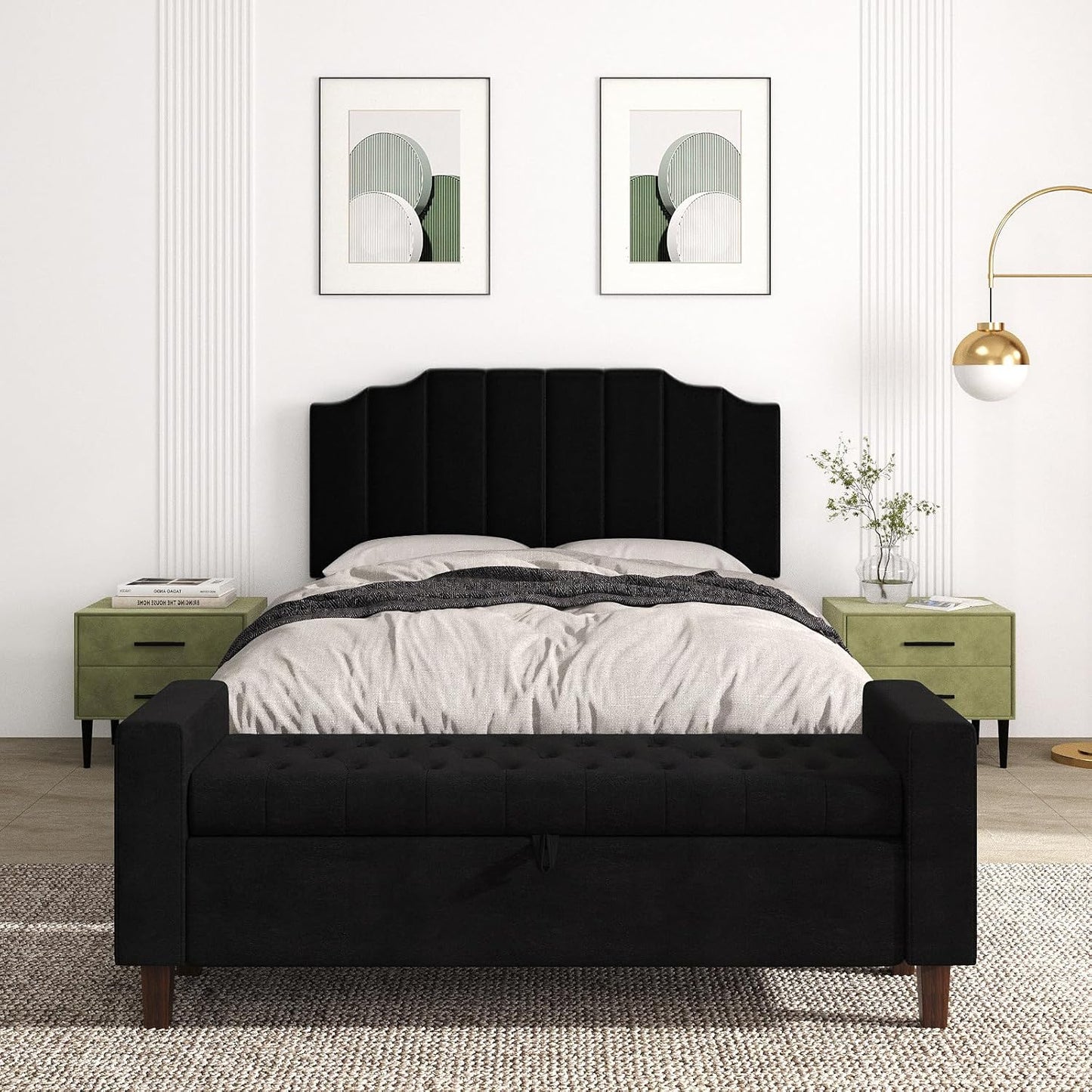 Queen Size Headboard Only, Velvet Wall Mounted Headboard Queen Size for Adjustable Bed, Modern Vertical Channel Design with Curved Tufted Upholstered Head Board and Luxury Soft Padded, Black