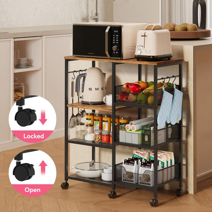 Kitchen Island Cart on Wheels - 4 Tier Rolling Kitchen Table Cart with Storage Shelves, 6 Removable Hooks& Locking Casters, Coffee Bar Cabinet for Dining Room Pantry Office, Espresso
