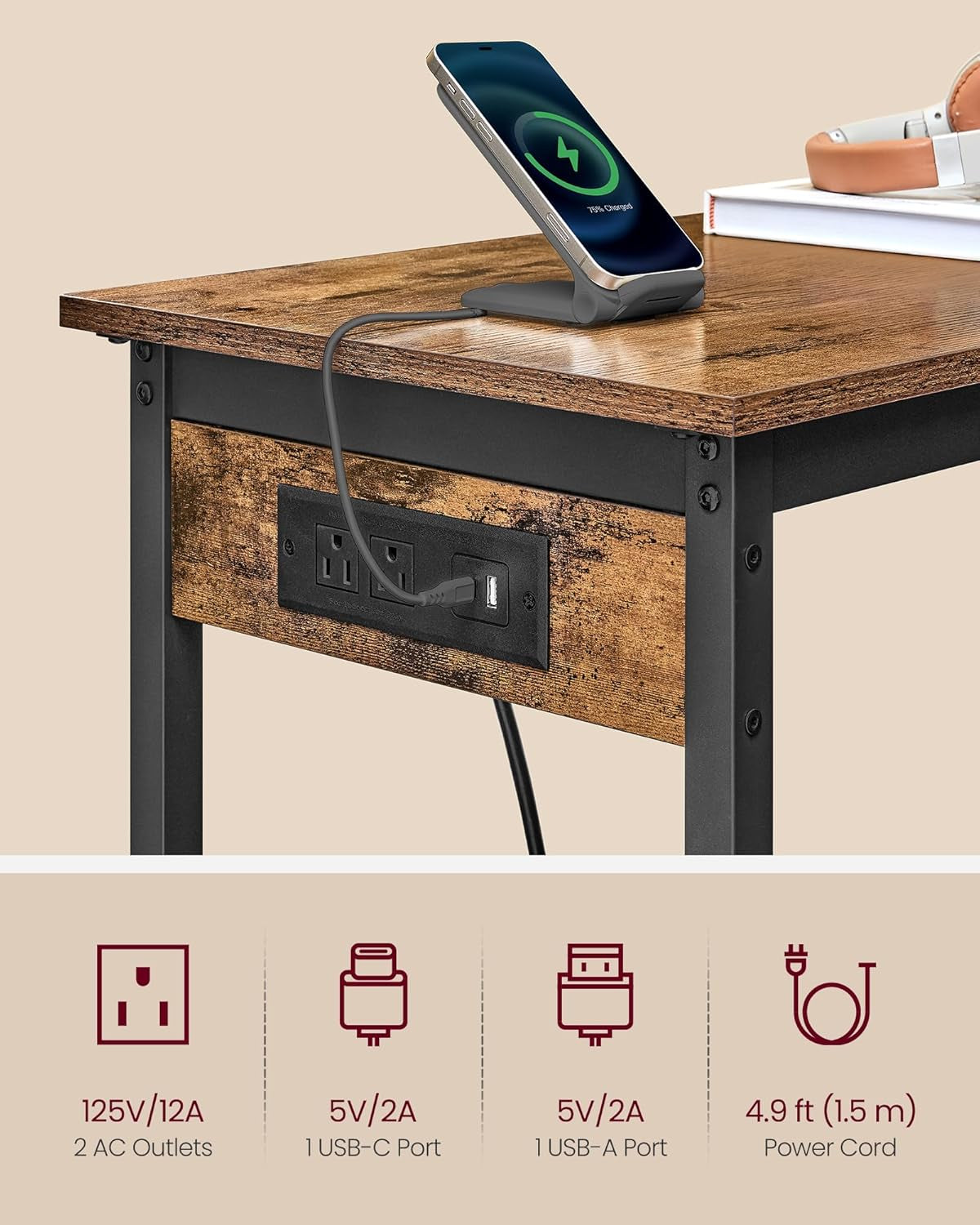 Bar Table, Narrow Long Kitchen Dining Table with Charging Station, Sturdy Metal Frame, Industrial, 15.7 X 39.4 X 35.4 Inches, Rustic Brown and Ink Black ULBT101K01