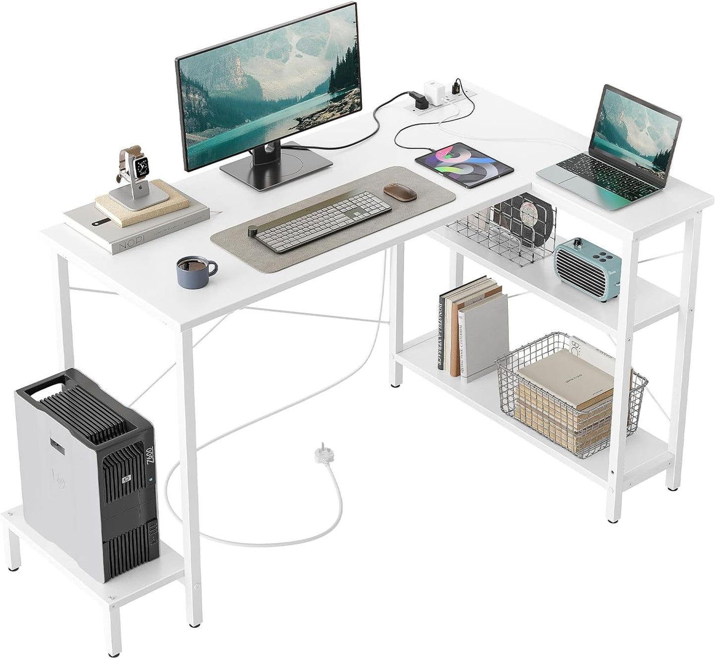 Small Computer Desk with Power Outlets, 40 Inch L Shaped Desk with CPU Stand & Reversible Shelves, Gaming Corner Desk Study Writing Table for Home Office Bedroom, White