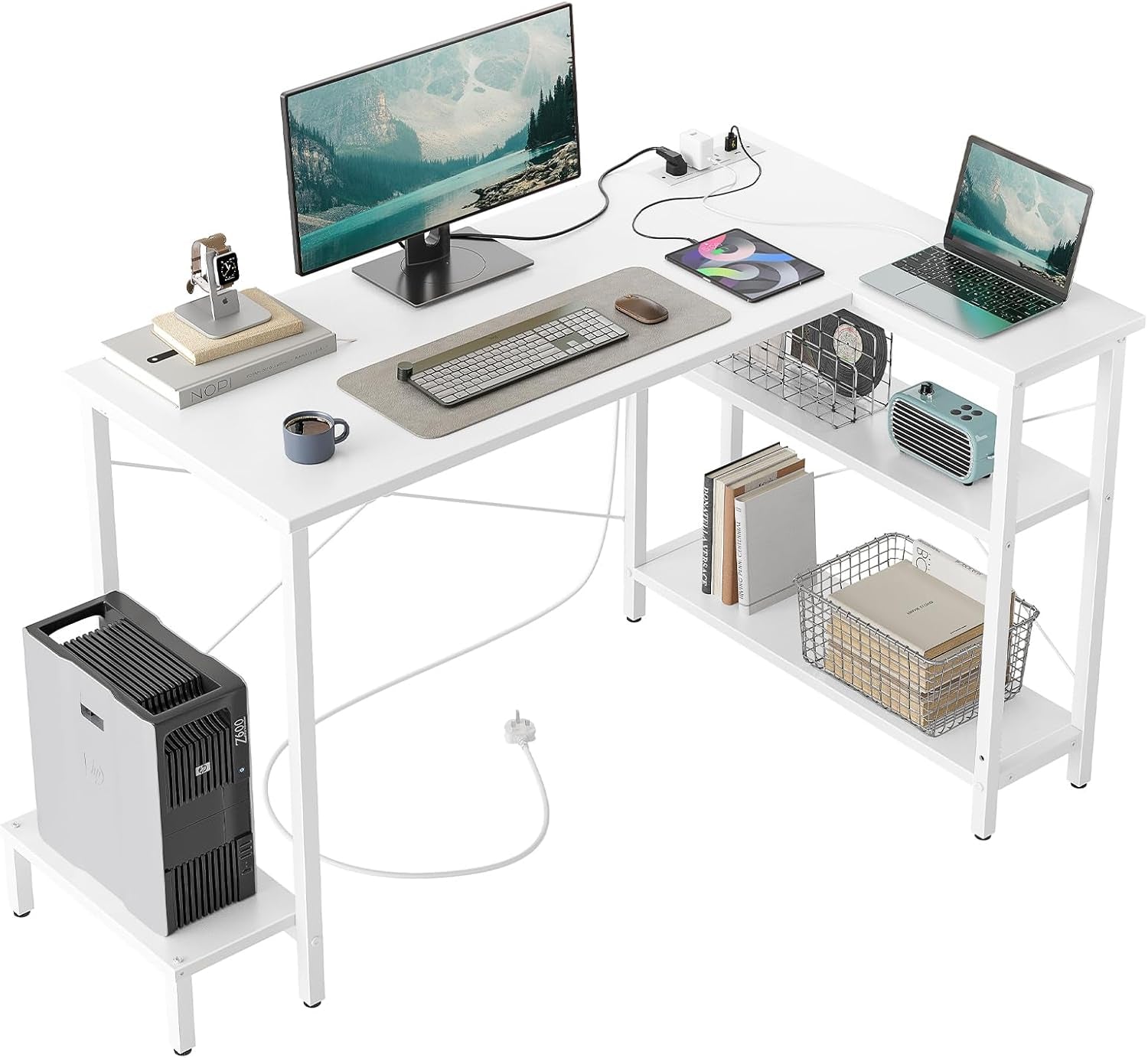 Small Computer Desk with Power Outlets, 40 Inch L Shaped Desk with CPU Stand & Reversible Shelves, Gaming Corner Desk Study Writing Table for Home Office Bedroom, White