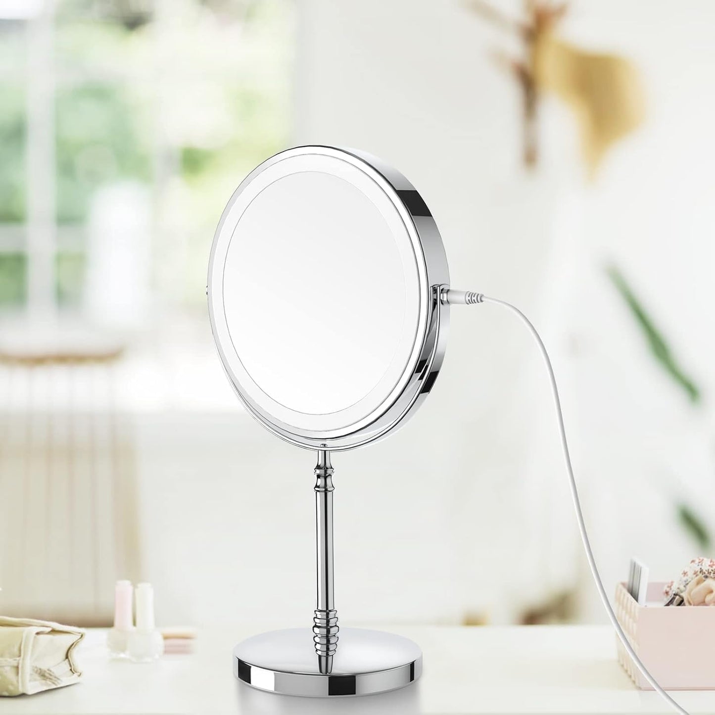 Lighted Makeup Mirror, 3000 Mah Rechargeable Double Sided Magnifying Vanity Mirror with 3 Colors, 1X/10X, 360° Rotation , Brightness Adjustable Magnification Cosmetic Light up Mirror, Women Gift