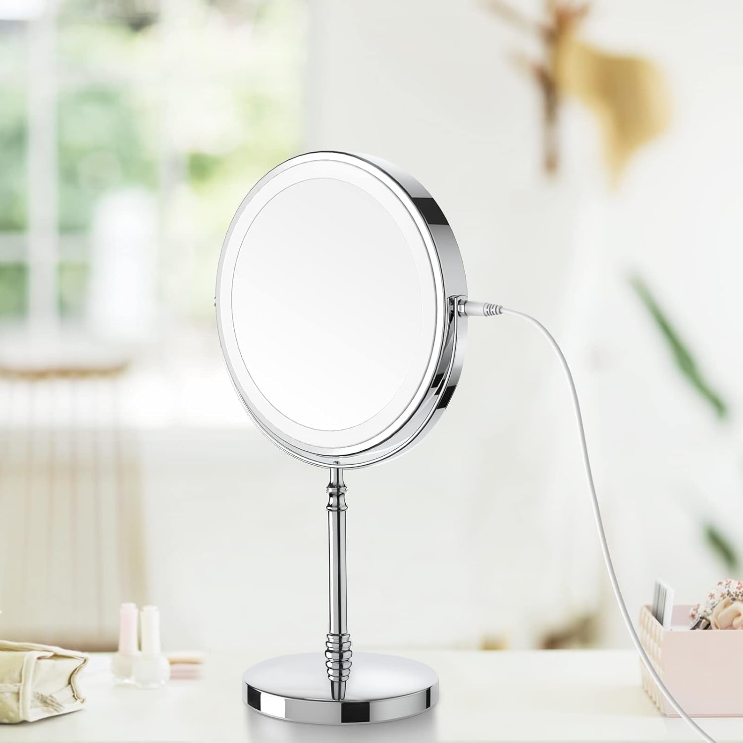 Lighted Makeup Mirror, 3000 Mah Rechargeable Double Sided Magnifying Vanity Mirror with 3 Colors, 1X/10X, 360° Rotation , Brightness Adjustable Magnification Cosmetic Light up Mirror, Women Gift
