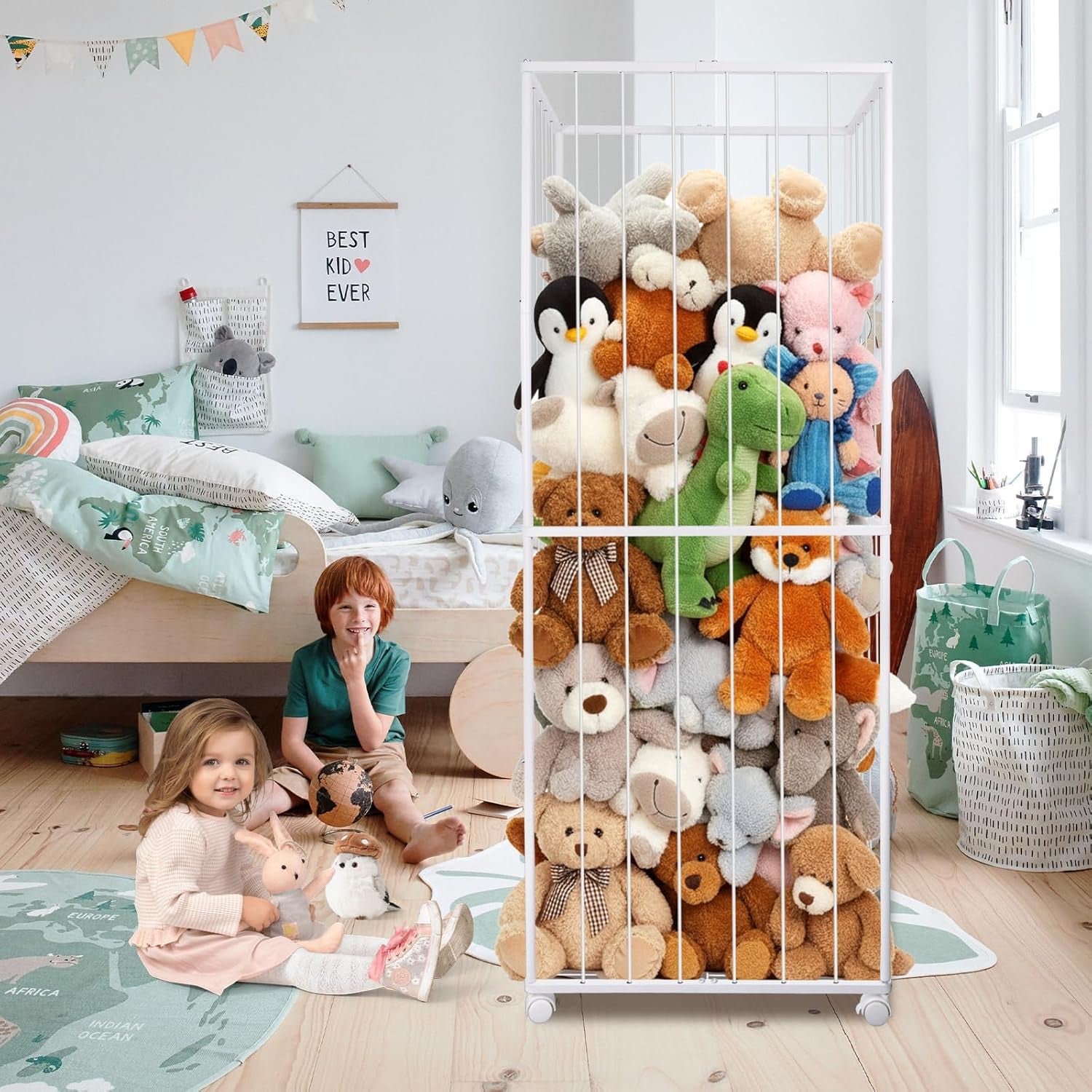 Stuffed Animal Storage, Metal Tube Extra Large Toy Storage Organizer with Brake Wheels, Stuffed Animal Holder Zoo Organizer for Nursery Playroom Kids Room White(61” X 23.6”X 16.5”)