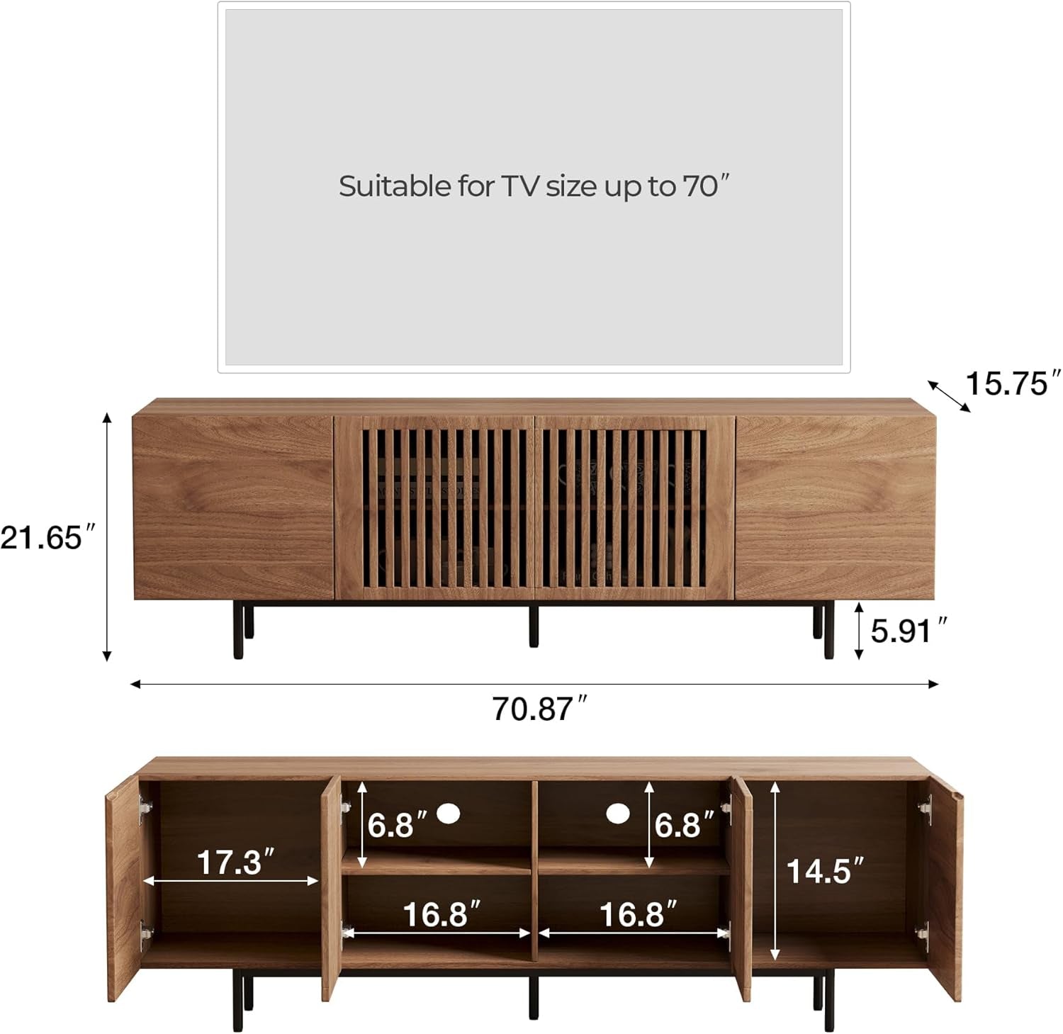 70.87“ Modern TV Cabinet for 70-Inch TV, TV Table with Large Storage Space, TV Cabinet Media Console for Living Room and Bedroom, Walnut Color