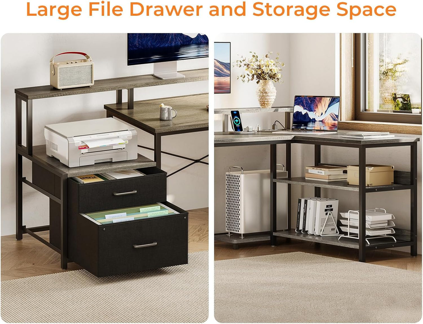 75" L Shaped Desk with File Drawers, Work from Home Office Desk with Power Outlet, Reversible Computer Desk with Storage Shelves, Gaming Desk with Monitor Shelf, Corner WFM Table, Grey Oak