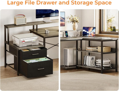 75" L Shaped Desk with File Drawers, Work from Home Office Desk with Power Outlet, Reversible Computer Desk with Storage Shelves, Gaming Desk with Monitor Shelf, Corner WFM Table, Grey Oak
