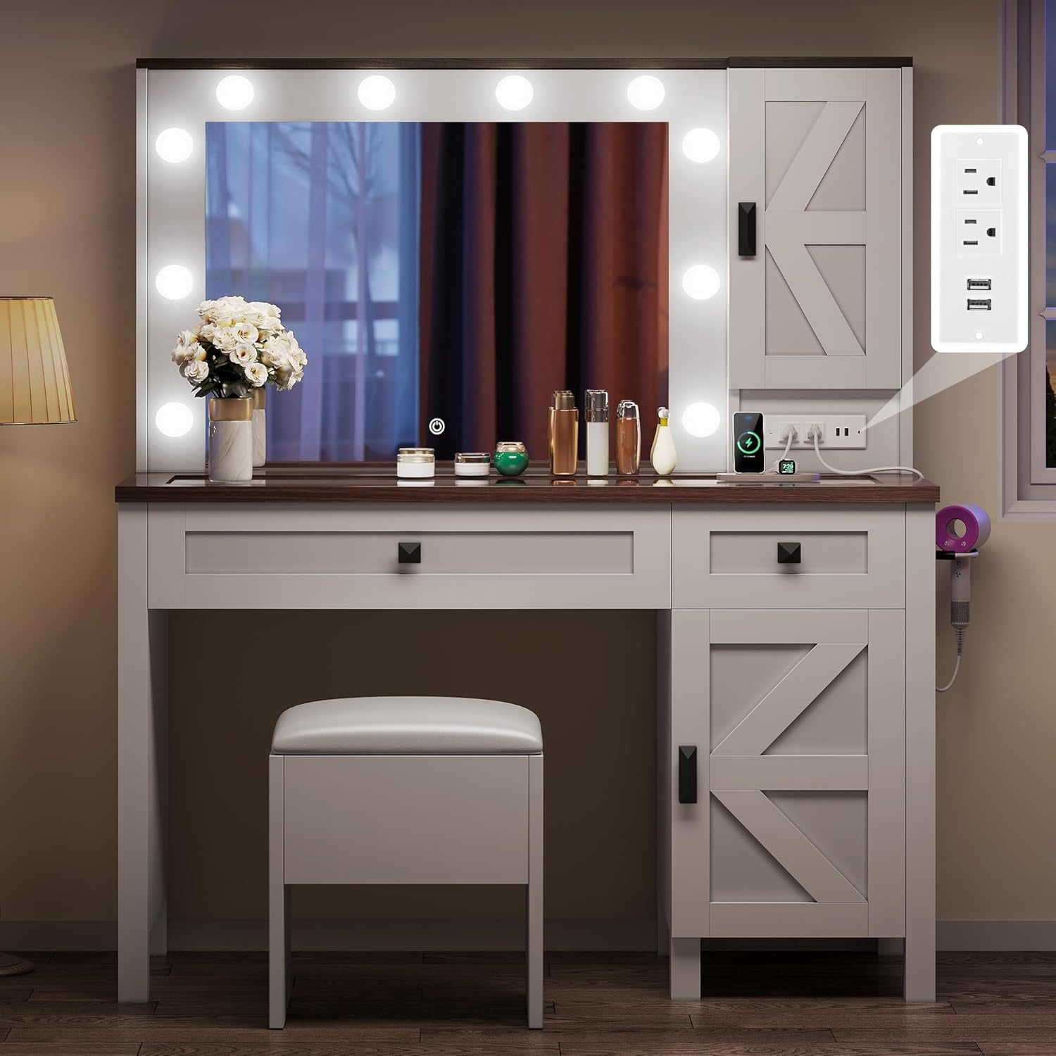 Farmhouse Makeup Vanity Desk with Mirror and Lights, Retro Big Vanity Table Set with Charging Station, Makeup Desk with 2 Drawers & 2 Cabinets, 10 Dimmable Light Bulbs, for Bedroom, White