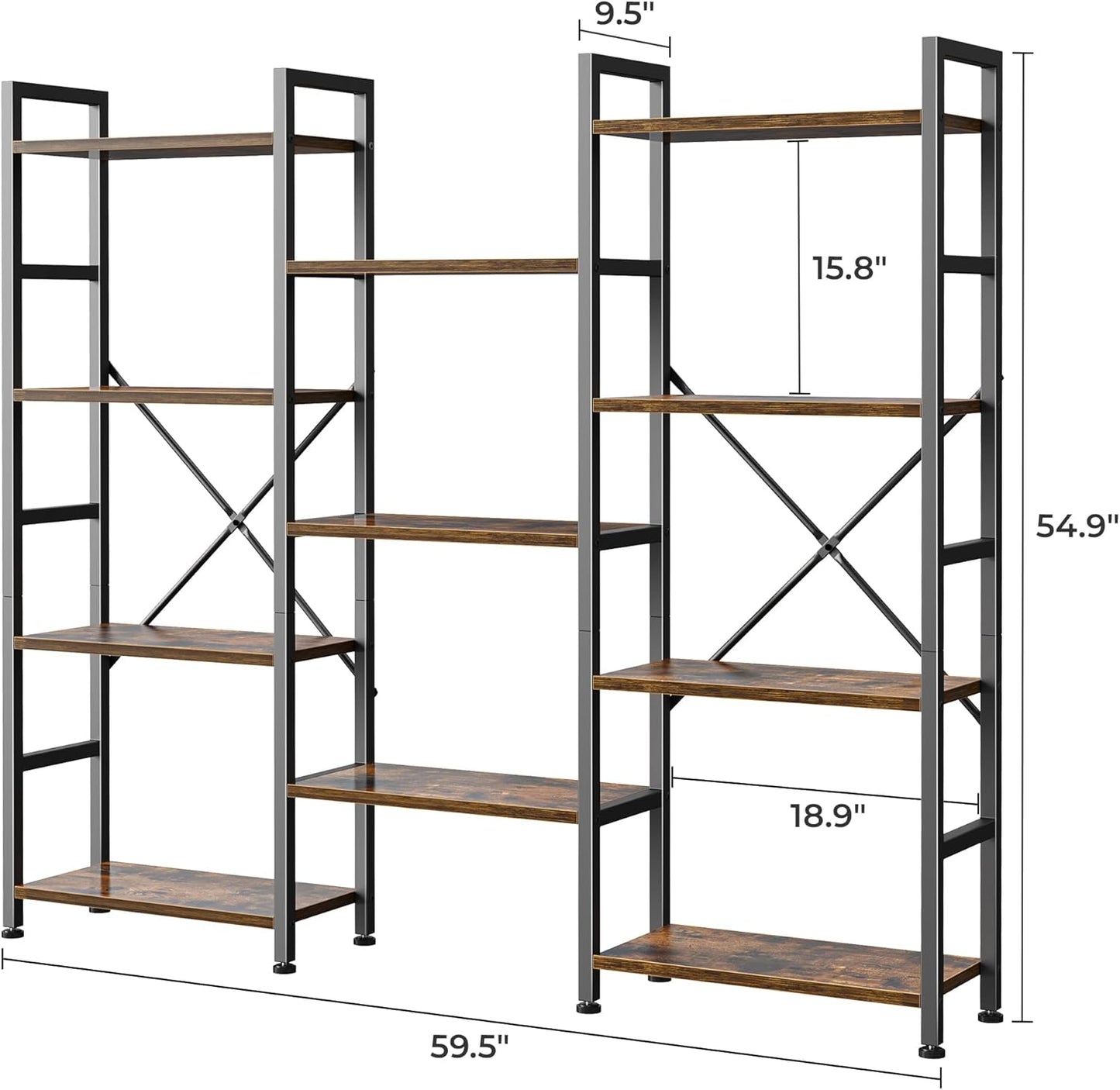 Triple 4 Tier Bookshelf, Bookcase with 11 Open Display Shelves, Wide Book Shelf Book Case for Home & Office, Rustic Brown