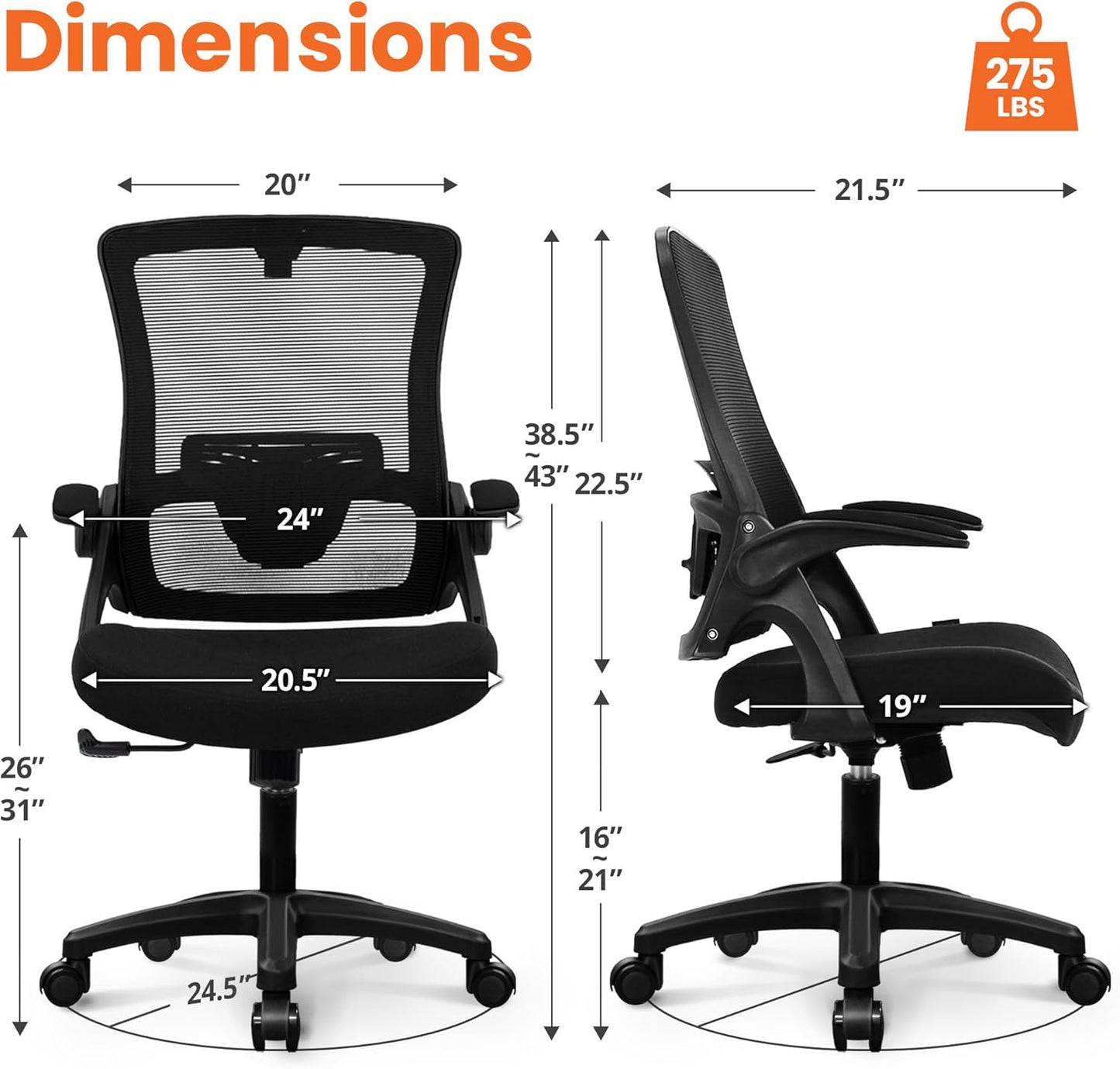 Office Desk Chair Computer High Back Mesh Gaming Seat with Ergonomic Adjustable Comfy Flip-Up Armrests Lumbar Support Height for Home (Black)