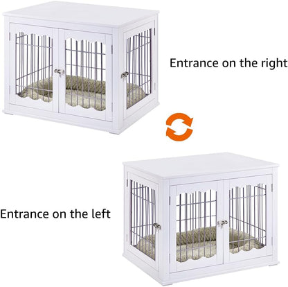 32 Inch Furniture Style White Dog Crate for Medium Dogs, Indoor Aesthetic Puppy Kennel, Modern Decorative Wood Wire Pet House Dog Cage, Pretty Cute End Side Table Nightstand…
