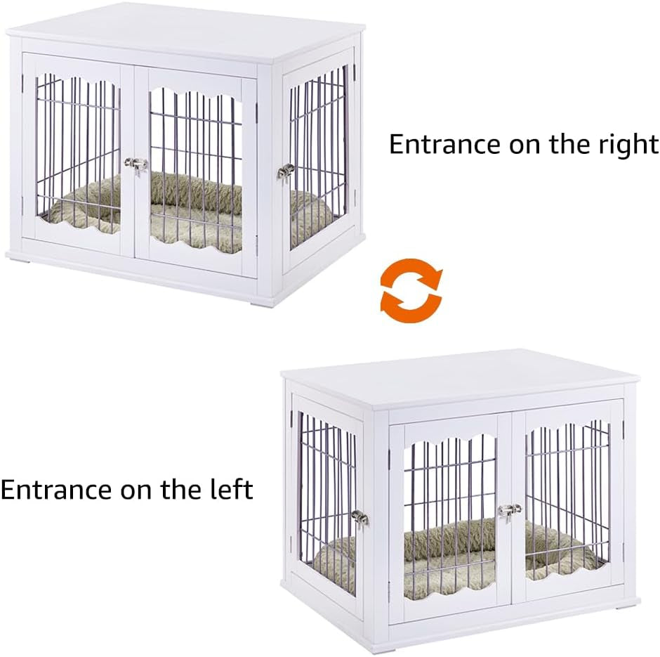 Furniture Style White Dog Crate for Medium Large Dogs, Indoor Aesthetic Dog Stuff Kennel, Modern Decorative Wood Wire Pet House Dog Cage, Pretty Cute End Side Table Nightstand…