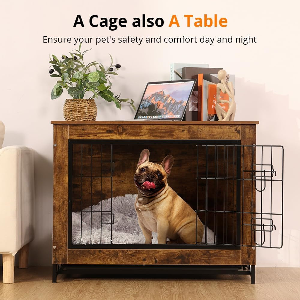 Dog Crate Furniture, Dog Kennel Furniture with Double Door, 32.5" Dog Crates for Medium Dogs with Removable Tray, Light Brown