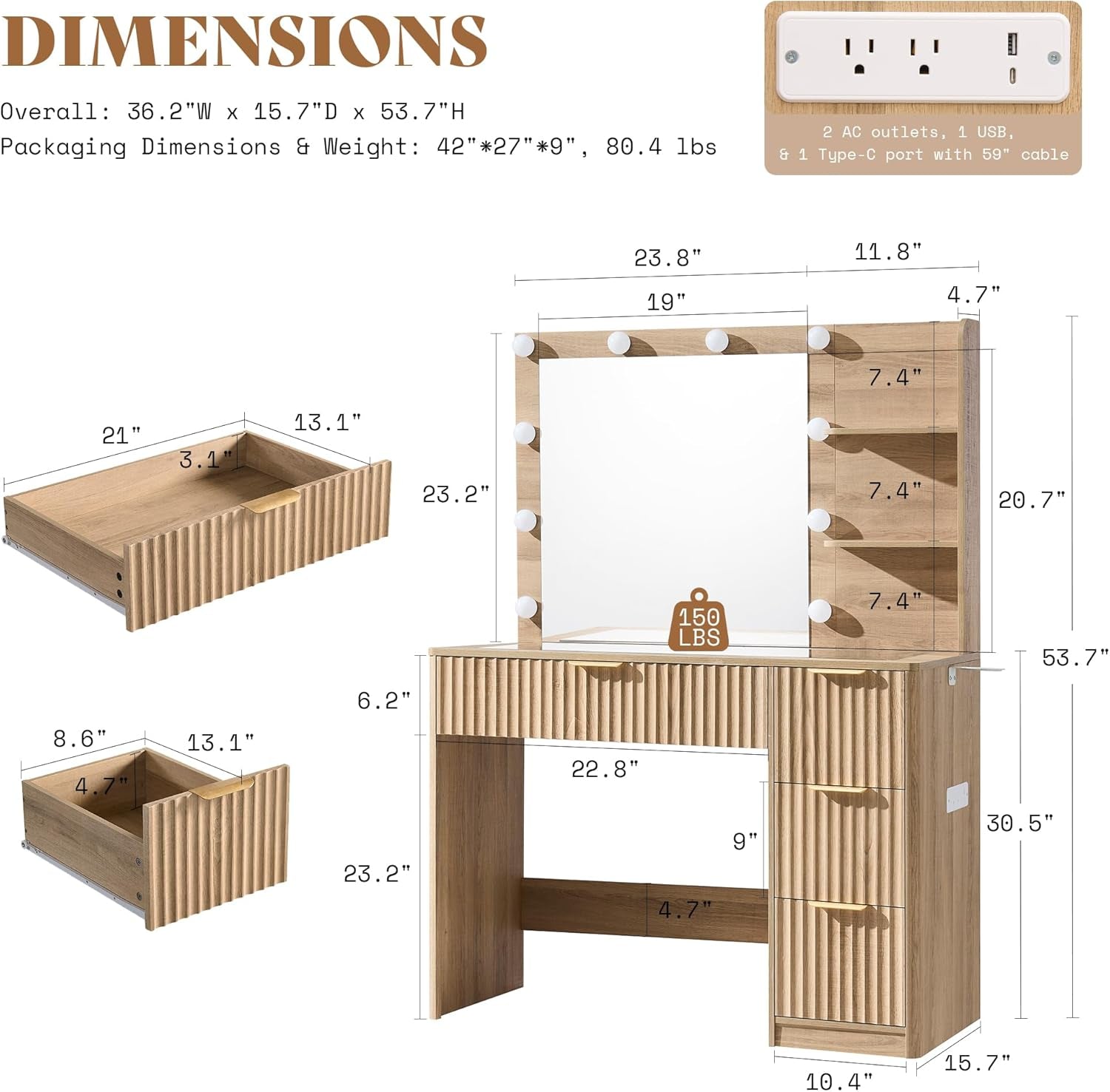 36.2" Fluted Vanity Desk with Mirror and Adjustable LED Lights, Large 4 Drawers Makeup Table with Glass Top and Charging Station for Women and Girls, Bedroom or Dorm, Natural Oak