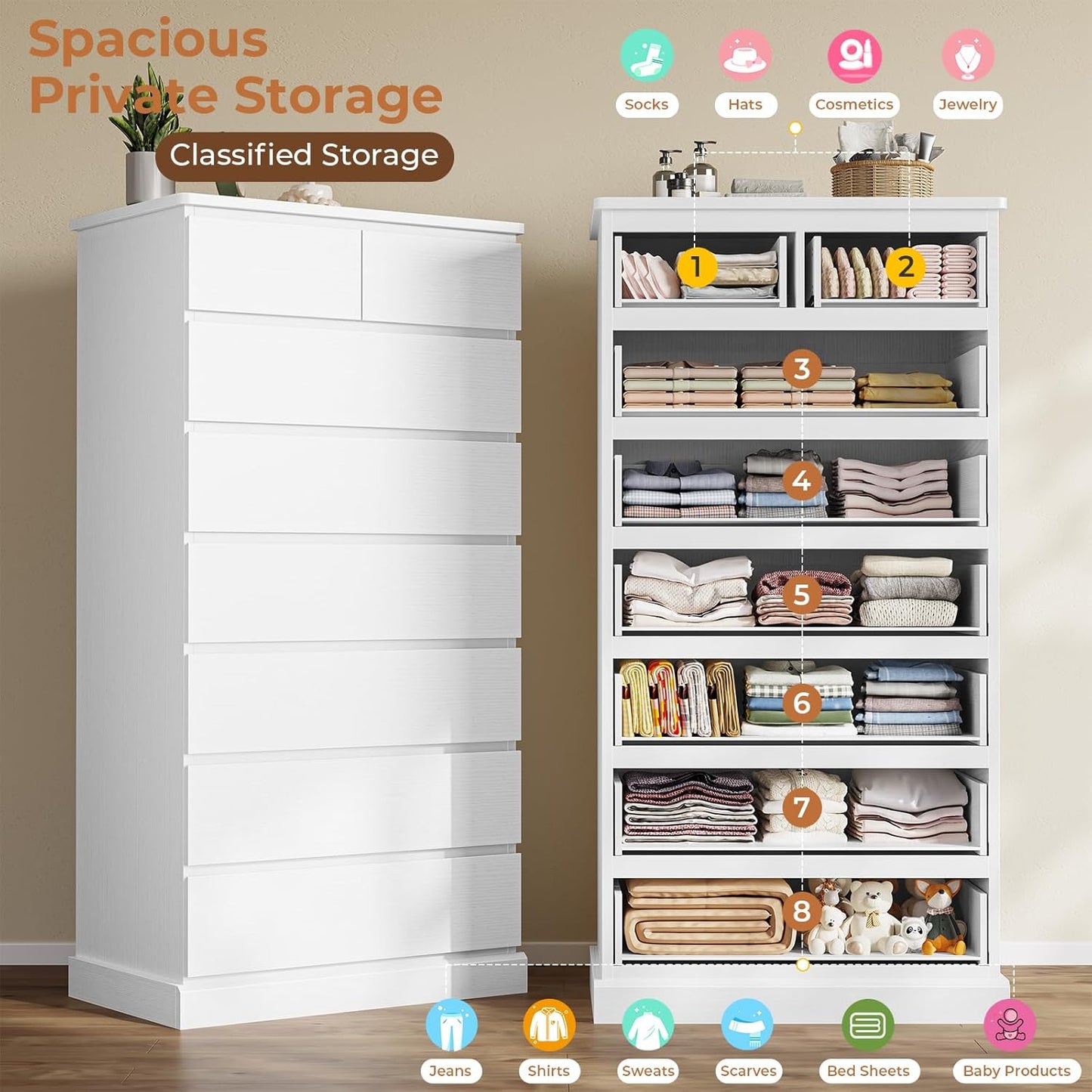 White Tall Dresser for Bedroom with 8 Drawers, 59.6" Tall Dressers & Chests of Drawers, Modern Wood Closet Organizer and Storage Cabinet, Large Vertical Dresser for Bedroom, Closet, Hallway