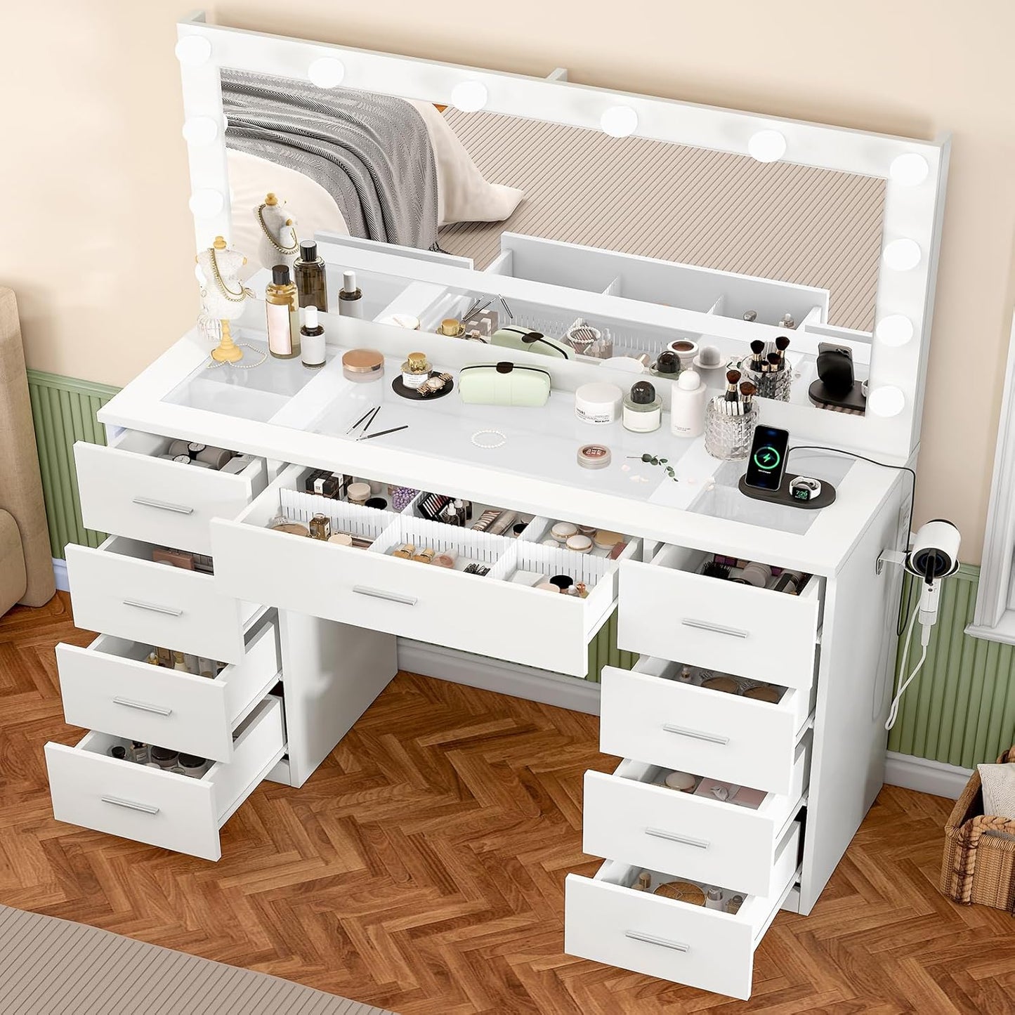 46" Vanity Desk with Glass Top & Lights Mirror, 3 Adjustable Lighting Color, Makeup Vanity with 9 Drawers and 12 LED Lights, Dressing Table for Bedroom, Vanity for Girls, White