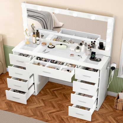 46" Vanity Desk with Glass Top & Lights Mirror, 3 Adjustable Lighting Color, Makeup Vanity with 9 Drawers and 12 LED Lights, Dressing Table for Bedroom, Vanity for Girls, White
