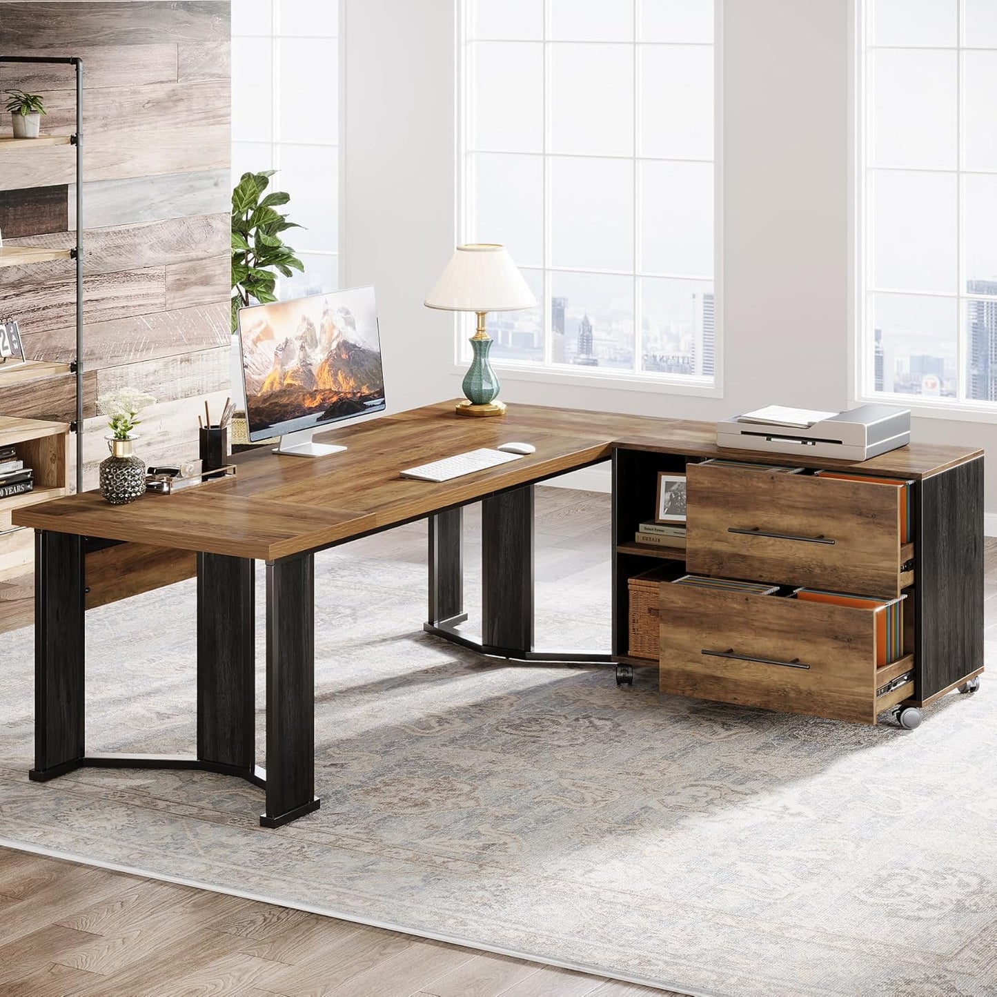 70.86" Executive Desk with Mobile File Cabinet, Large L Shaped Computer Office Desk with 2 Drawers and Storage Shelves, Business Furniture Desk Workstation for Home Office (Rustic Brown)
