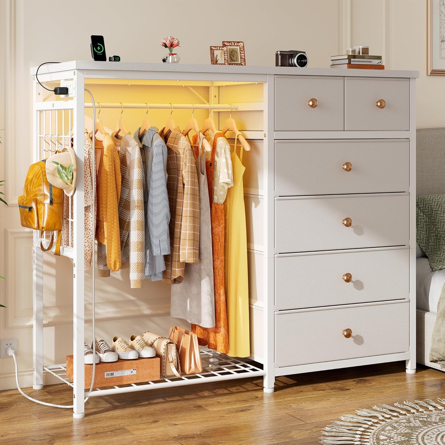 49.2" W White Dresser for Bedroom with Hanging Rack, 6 Drawers Dresser with LED Lights & Charging Station, Fabric Dressers & Chest of Drawers with Rack, Wooden Top, Grid Panel