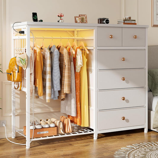 49.2" W White Dresser for Bedroom with Hanging Rack, 6 Drawers Dresser with LED Lights & Charging Station, Fabric Dressers & Chest of Drawers with Rack, Wooden Top, Grid Panel