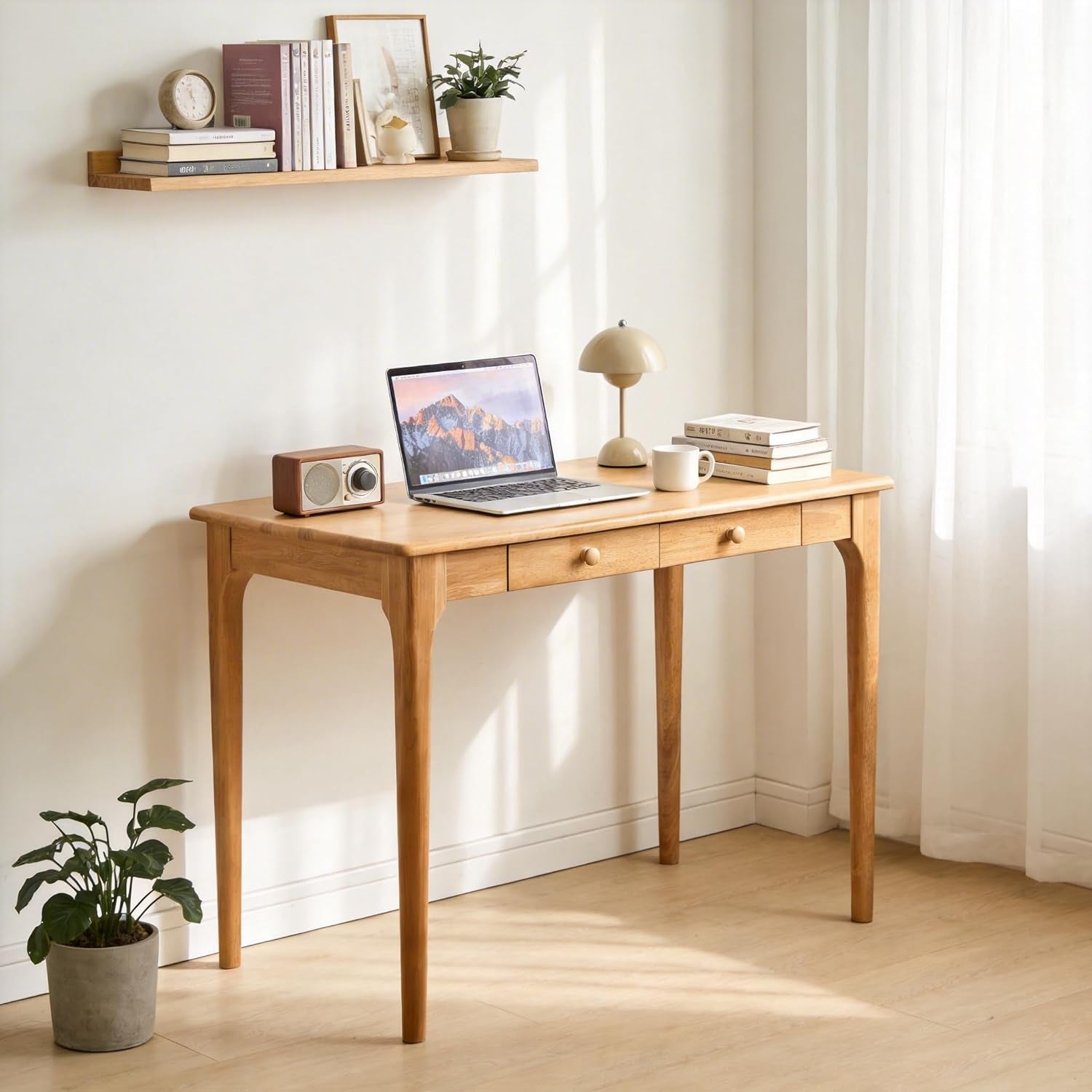 Natural Solid Wood Desk with Drawers,Mid Century Modern Real Wood 47" Writing Desk,Home Bedroom Computer Office Workstation Desks,Small Spaces,Wood Color