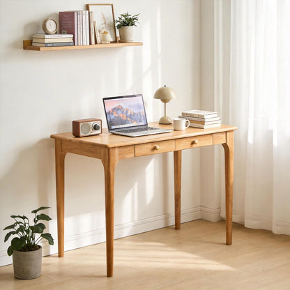 Natural Solid Wood Desk with Drawers,Mid Century Modern Real Wood 47" Writing Desk,Home Bedroom Computer Office Workstation Desks,Small Spaces,Wood Color