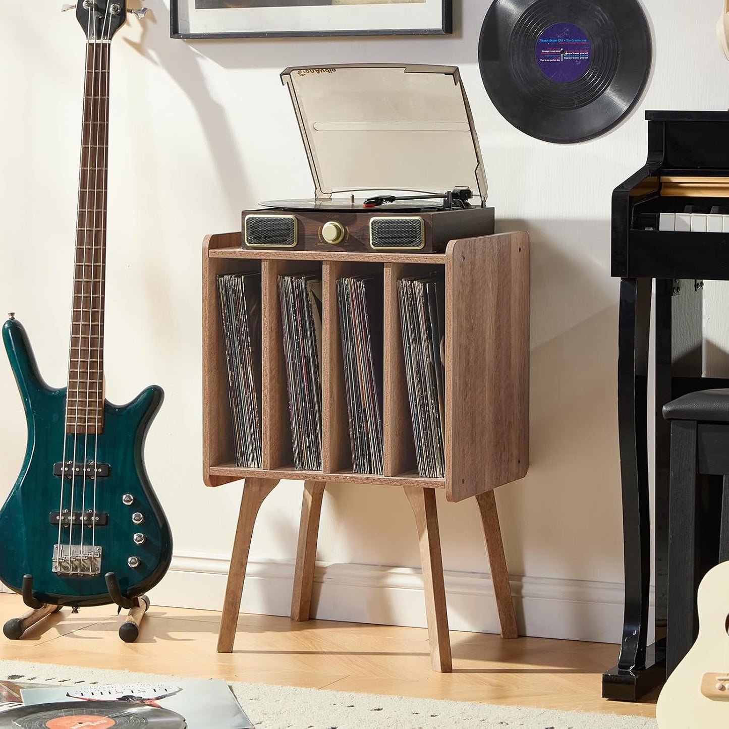 Record Player Stand,Vinyl Record Storage Table with 4 Cabinet up to 100 Albums,Mid-Century Modern Turntable Stand with Wood Legs,Oak Grey Vinyl Holder Display Shelf for Bedroom Living Room