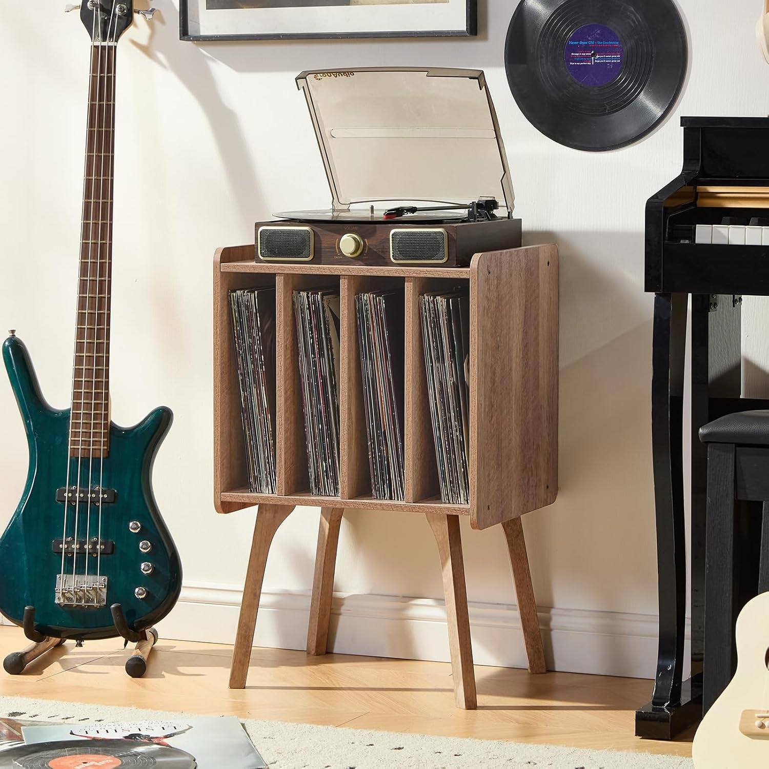 Record Player Stand,Vinyl Record Storage Table with 4 Cabinet up to 100 Albums,Mid-Century Modern Turntable Stand with Wood Legs,Oak Grey Vinyl Holder Display Shelf for Bedroom Living Room