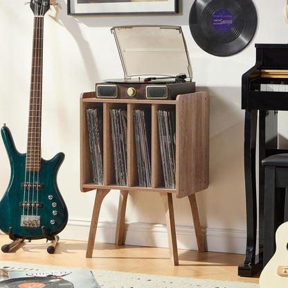 Record Player Stand,Vinyl Record Storage Table with 4 Cabinet up to 100 Albums,Mid-Century Modern Turntable Stand with Wood Legs,Oak Grey Vinyl Holder Display Shelf for Bedroom Living Room