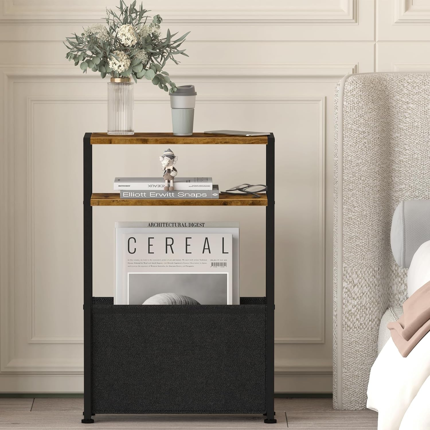 Narrow Side Table, Slim End Tables with Fabric Basket, Skinny Table for Small Spaces, Thin Bedside Table for Living Room, Bedroom