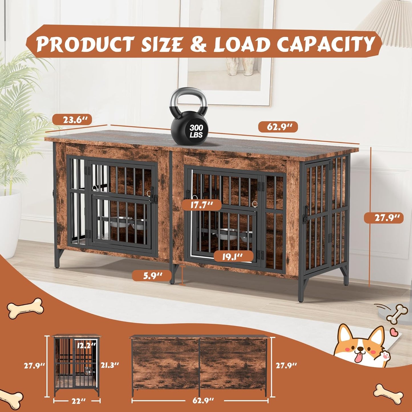 63'' Double Dog Crate Furniture for 2 Dogs, Wooden Dog Kennel with Removable Divider, XL Dog House Indoor with Rotating Bowl Holders, Heavy Duty Dog Crate TV Stand (62.9" X 23.6" X 27.9")