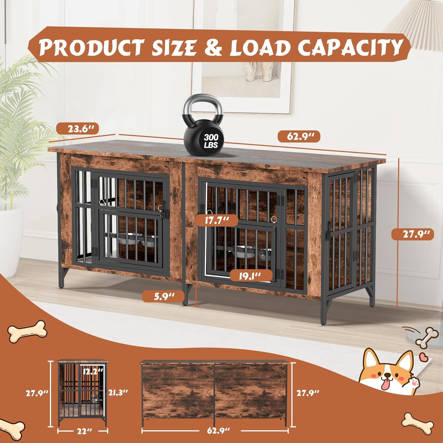 63'' Double Dog Crate Furniture for 2 Dogs, Wooden Dog Kennel with Removable Divider, XL Dog House Indoor with Rotating Bowl Holders, Heavy Duty Dog Crate TV Stand (62.9" X 23.6" X 27.9")