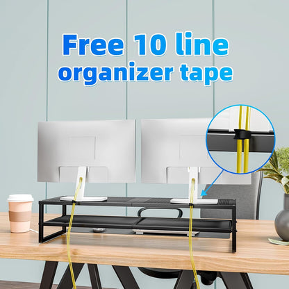 2 Tier Metal Dual Monitor Stand Riser,Computer Office Desktop Organizer for 2 Monitors with 32"X10" Mouse Pad ,For Laptop,Printer,Tv,Black