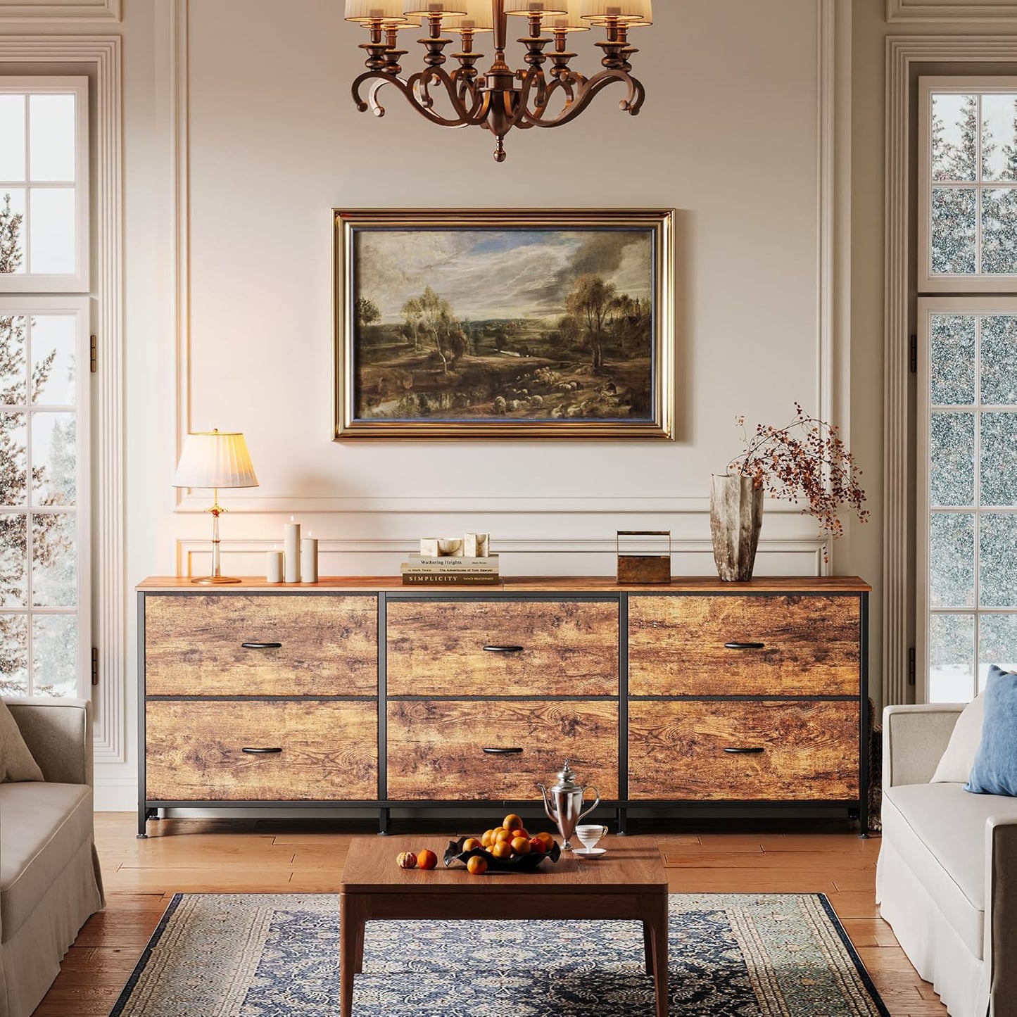 63 Inch Long Dresser for Bedroom, Wide TV Stand for 55, 65, 70 Inch TV, 6 Drawer Dresser for Closet with Fabric Drawers, Storage Organizer for Bedroom, Entryway, Rustic Brown