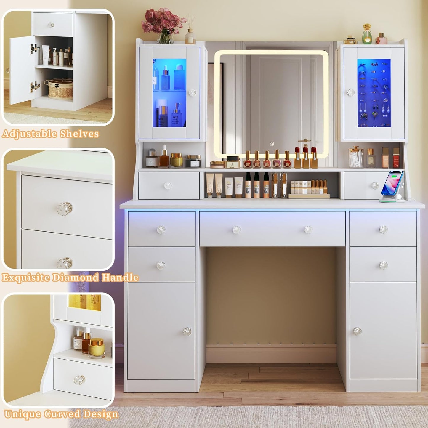 Vanity Desk with Mirror & Lights, 42‘’ Large Makeup Vanity with 2 RGB Jewelry Cabinets & 7 Drawers, White Vanity Table Set with Charging Station, Dressing Table with Lights Desk, 3 Light Modes