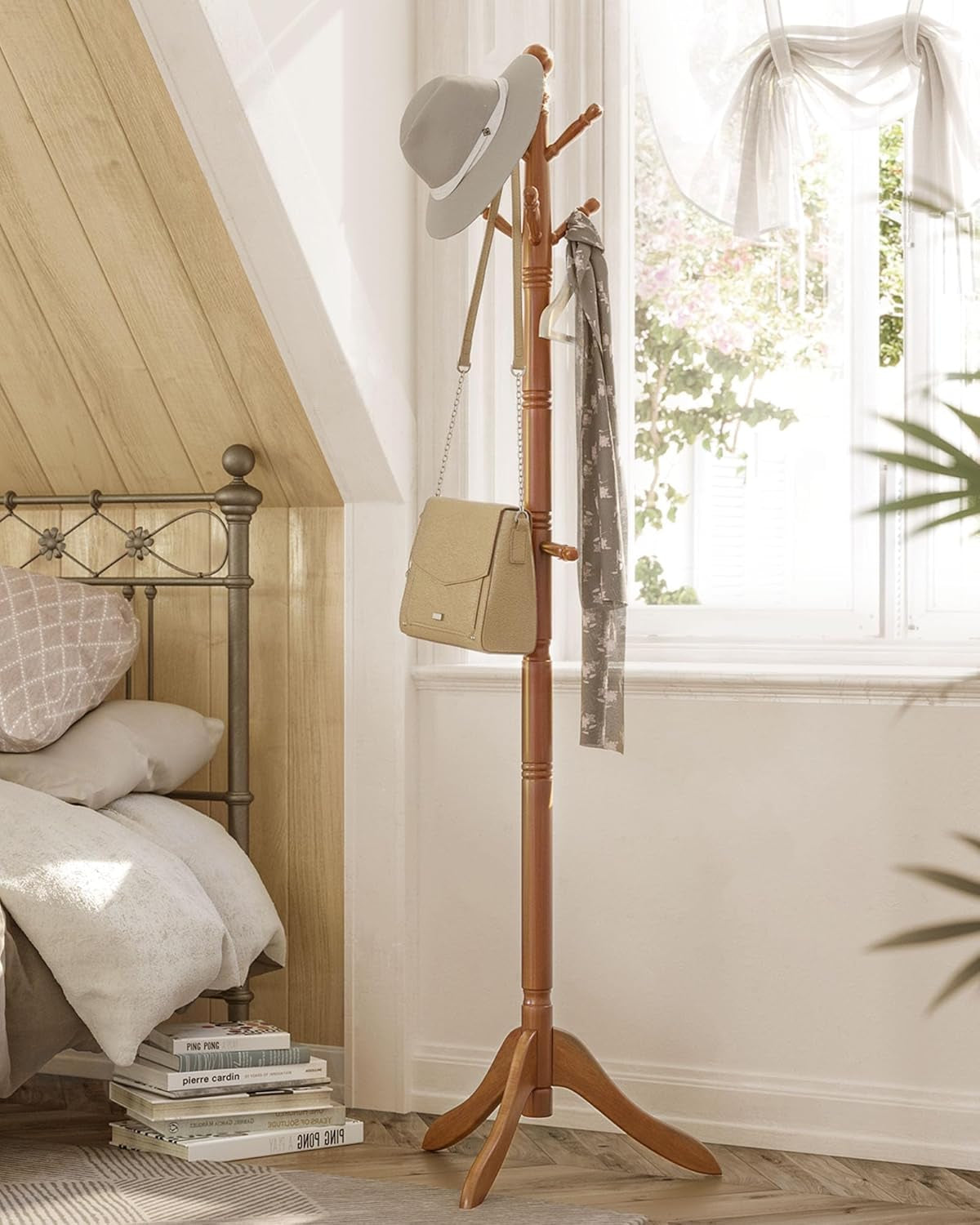 Solid Wood Coat Rack and Stand, Free Standing Hall Coat Tree with 10 Hooks for Hats, Bags, Purses, for Entryway, Hallway, Rubberwood, Caramel Brown URCR03WN