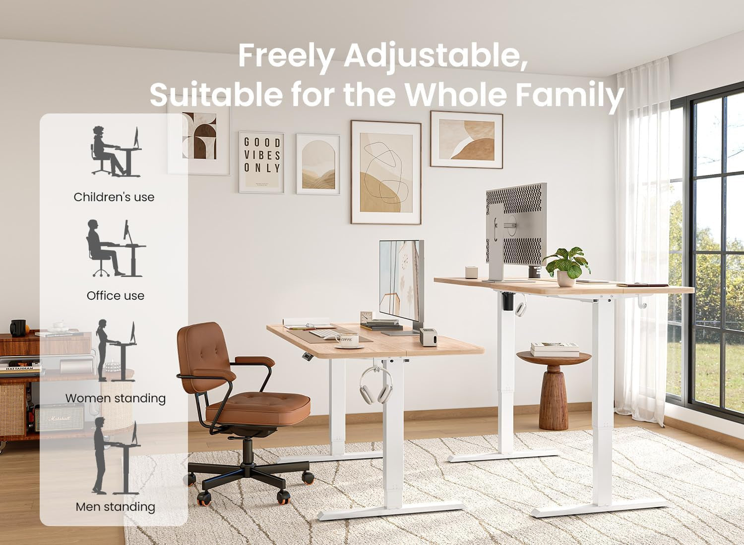 48 × 24 Inches Standing Desk, Ergonomic, Electric Height Adjustable, Sit and Stand Up, Computer Office Desk with Splice Board, White Frame/Maple Top