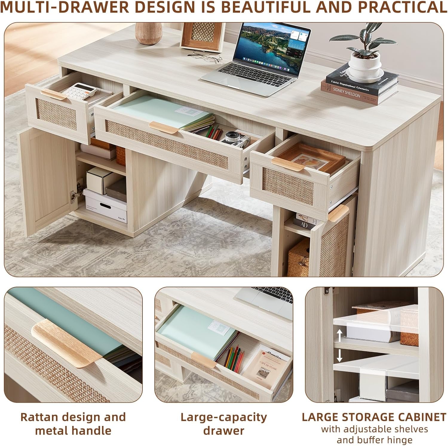 56'' Rattan Farmhouse Executive Desk with Drawers, Wood Home Office Desk with File Cabinet and Metal Handles, Large Vintage Computer Desk for Home, Bedroom, Living Room （Grey）