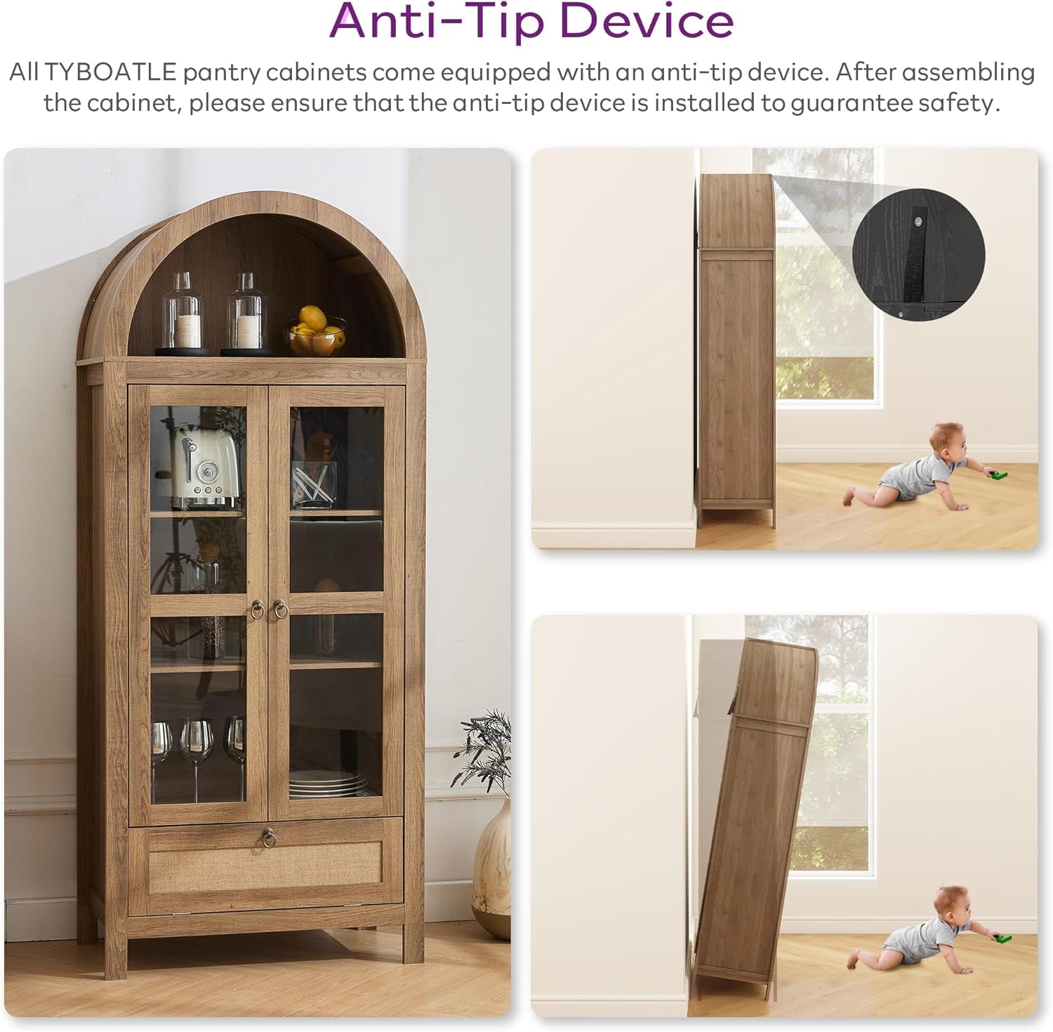 71" Tall Arched Pantry Cabinet with Innovative Drawer, Kitchen Cabinet with Anti-Tipping Device and Glass Door, Versatile Cupboard for Kitchen, Dining, Natrual