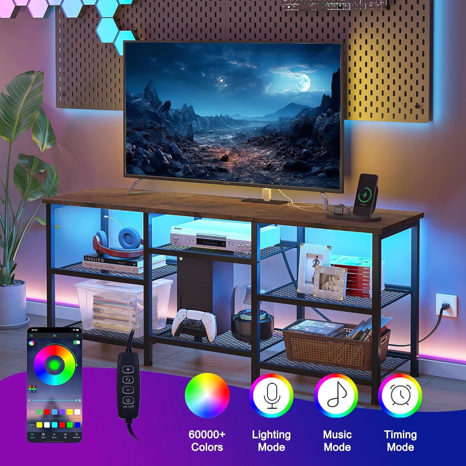 TV Stand for 55 Inch Tvs, Entertainment Center with Movable Shelf Panels, Power Outlet and LED Lights Open Storage Shelves, TV Media Console Table for Living Room and Bedroom, Rustic Brown