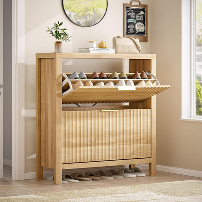 Shoe Cabinet Storage for Entryway, Fluted Shoe Cabinet with 2 Flip Drawers, Hidden Shoe Rack Tall Freestanding Shoe Organizer with Legs for Hallway, Oak