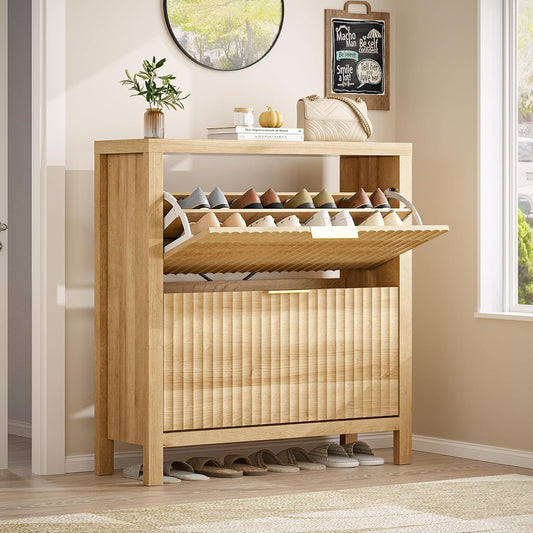 Shoe Cabinet Storage for Entryway, Fluted Shoe Cabinet with 2 Flip Drawers, Hidden Shoe Rack Tall Freestanding Shoe Organizer with Legs for Hallway, Oak