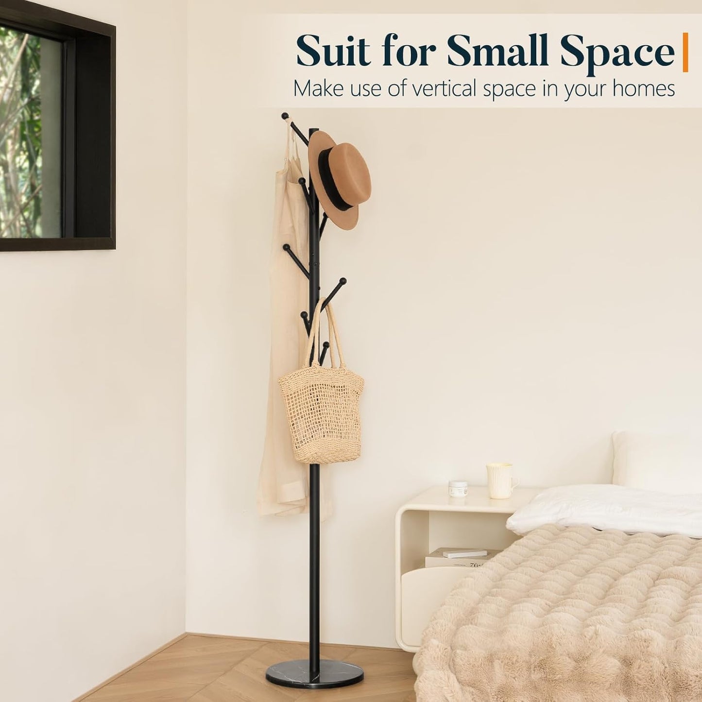 Coat Rack Freestanding with Natural Marble Base - Coat Tree with 8 Hooks Heavy Duty Coat Hanger Stand, Metal Coat Rack Stand for Jacket, Hat, Clothes & Bag, Hall Tree Hat Rack for Entryway