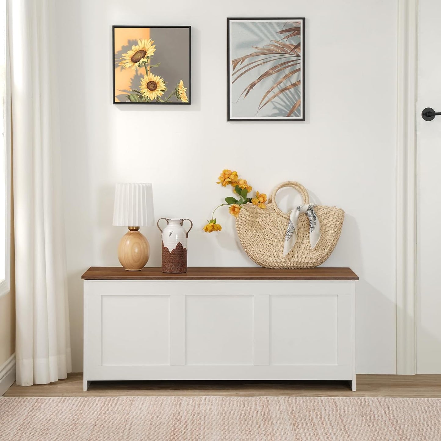 Storage Bench, 39.3" Retro Wooden Storage Chest, Wooden Storage Trunk, Toy Chest with Lift Top, Multifunctional Entryway Organizer, for Entryway, Living Room, White and Walnut WH141CW01