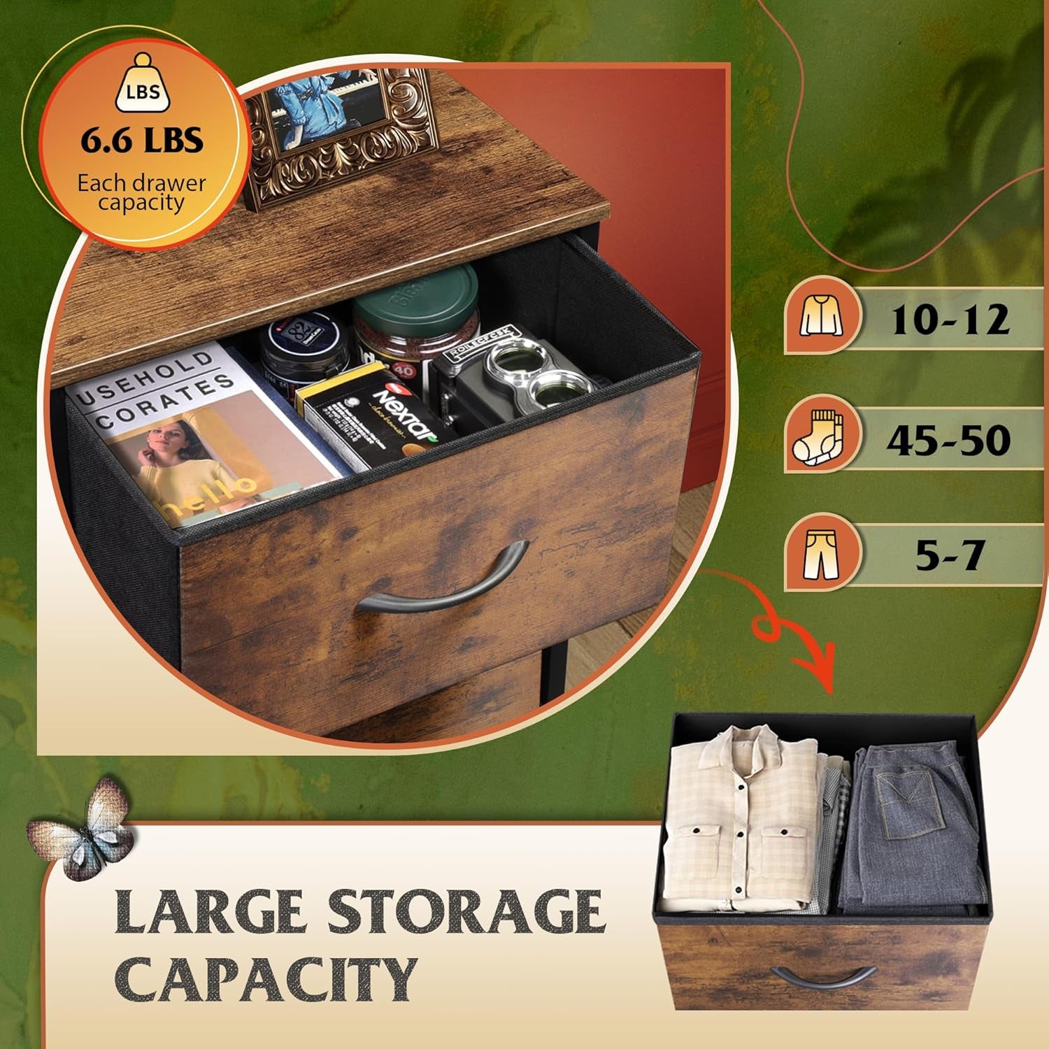 Fabric Dresser for Bedroom, 5-Drawer Tall Dressers, Storage Organizer with Fabric Bins, Wood Top, Sturdy Steel Frame, Chest of Drawers for Closet, Hallway, Rustic Brown Wood Grain Print