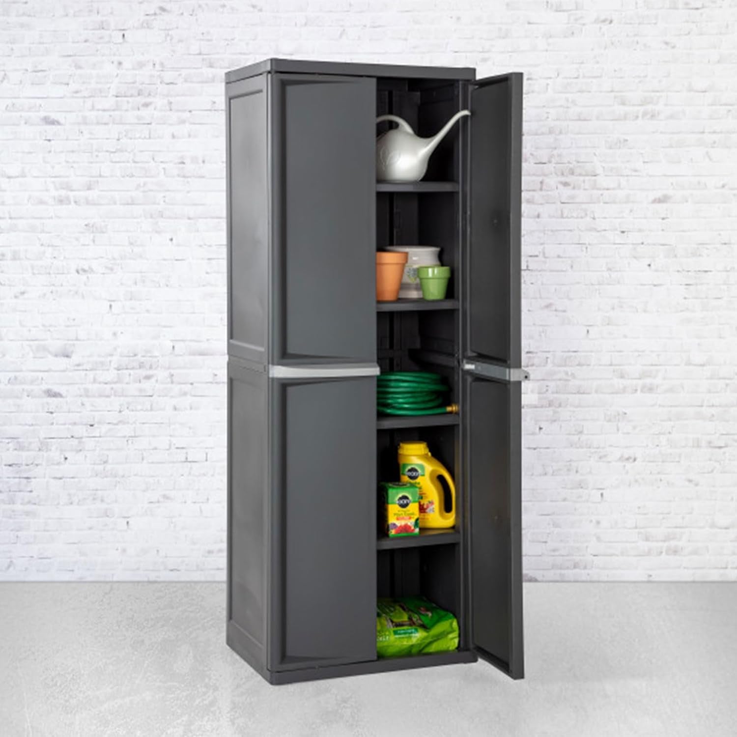 4 Shelf Cabinet, Lockable Utility Storage W/ Adjustable Shelves, Gray - Plastic Shelving Unit for Organizing Garage, Pantry, Basement, Laundry Room or Mudroom