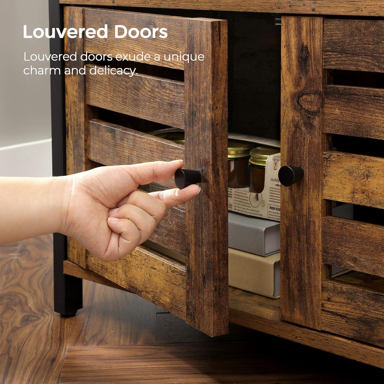LOWELL Bookshelf, Storage Cabinet with 3 Shelves and 2 Louvered Doors, Industrial Bookcase in Living Room, Study, Bedroom, Multifunctional, Rustic Brown ULSC75BX