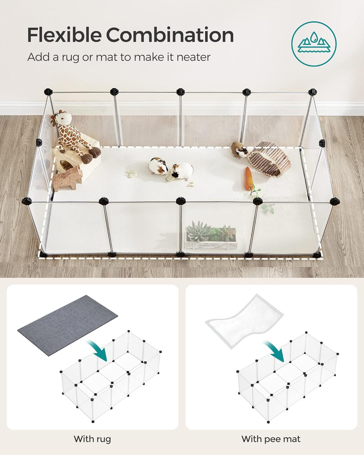 20 Panels Pet Playpen with Floor, Small Animal Playpen, Pet Fence Indoor, DIY Plastic Enclosure for Guinea Pigs, Bunny, Hamsters, Hedgehogs, 49.2 X 24.8 X 16.5 Inches, White ULPC001W01