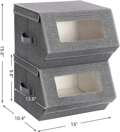 Stackable Storage Bins Set of 2, Storage Boxes with Lids and Front Windows, Non-Woven Fabric Closet Organizers with Magnetic Closures, Side Handles, Dark Gray URPLB02G