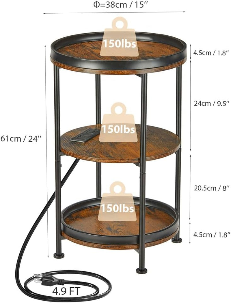 round Side Table with Charging Station, End Table with 3 Shelves for Living Room, Bedroom Nightstand for Small Spaces, Industrial round Sofa Table with Steel Frame (Usb+Rustic Brown)
